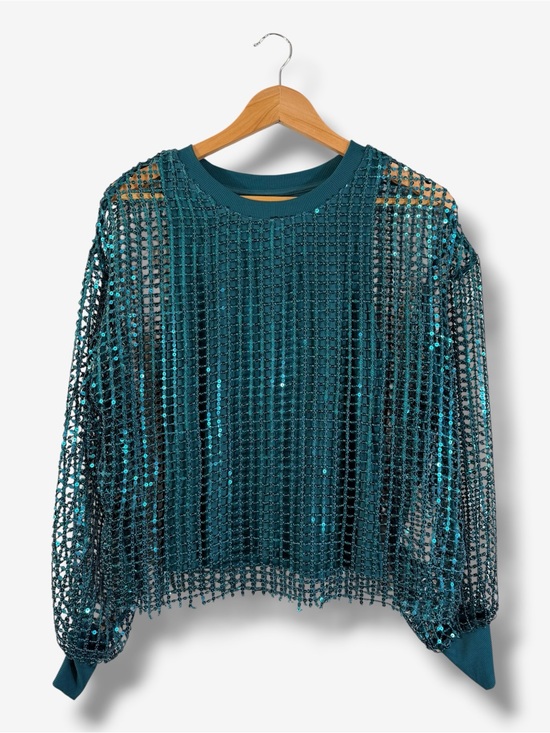 Anthropologie Tops - Anthropologie Pilcro Long Sleeve Sequin Top Turquoise Size S Balloon Sleeve Tank